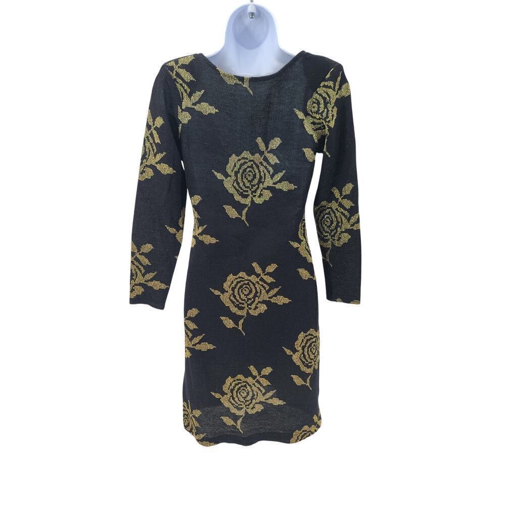 Blondie and Me Vintage 80's knit metallic detail black & gold floral dress Small